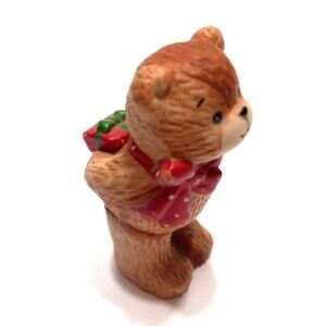 Vintage Enesco Lucy and Me Bear Hiding Present Red Polka Dot Bow 3 Inches Tall